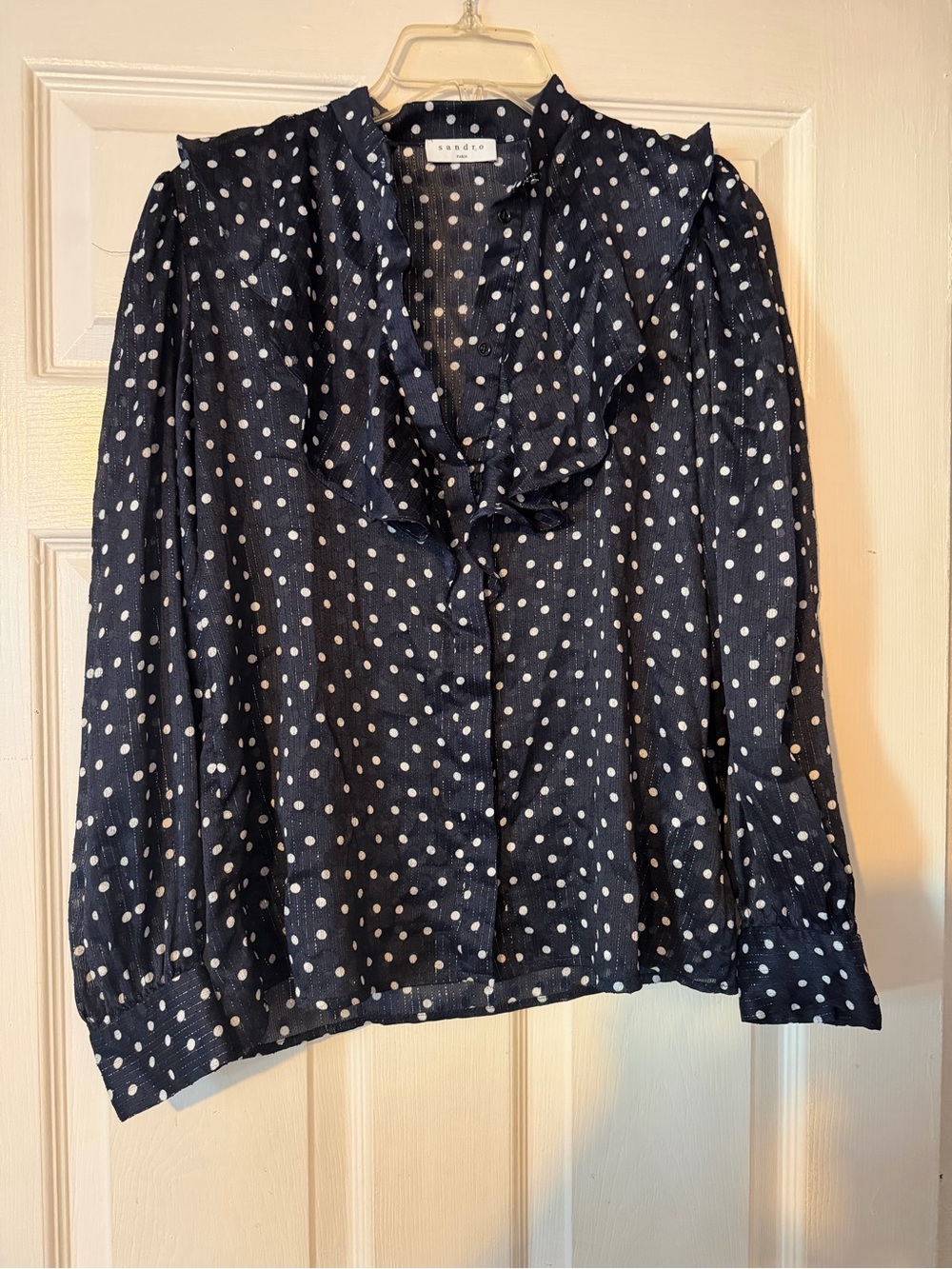 Sandro Navy Polka Dot Ruffle Front Button-Down Blouse